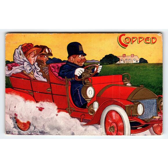 Vintage Policeman Driving Couple Comic Postcard Copped Car Scene Ullman - Picture 1 of 2
